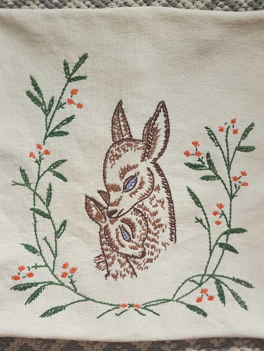 Vntg Deer Hand Embroidered Pillow Cover